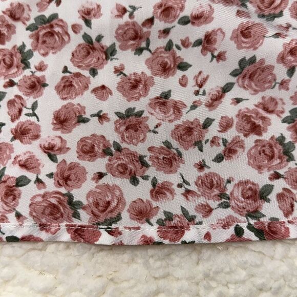 SHEIN M White Pink Rose Floral Faux Wrap Flutter Sleeve A-Line Dress - Picture 13 of 14